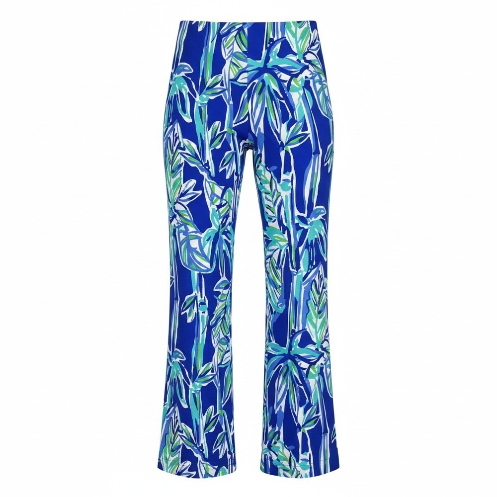 Lilly Pulitzer Womens Blue Green Bamboo Tropical Print Knit Flare Pants Size L